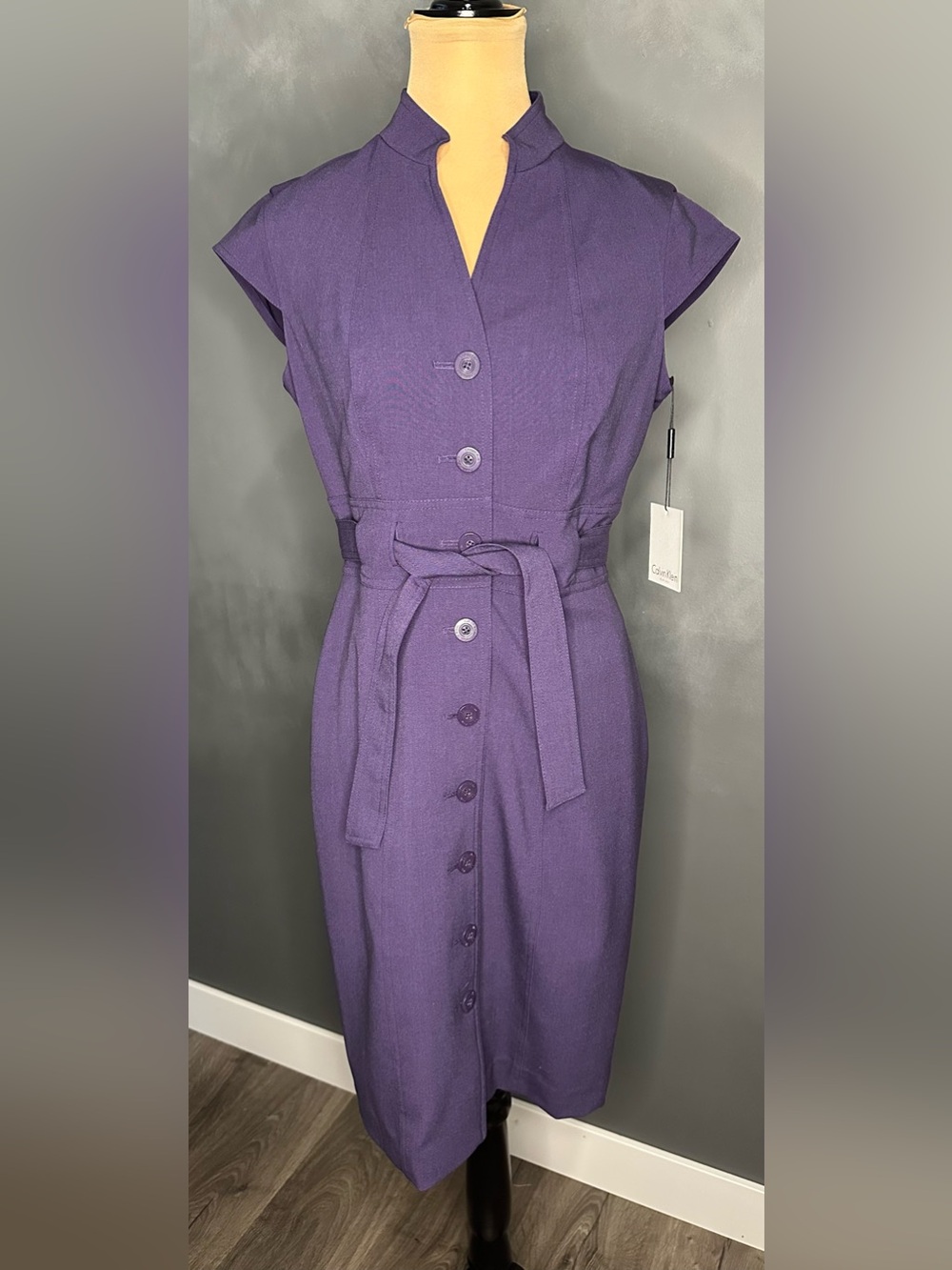 Calvin Klein Purple Button-Front Midi Dress with Self Tie